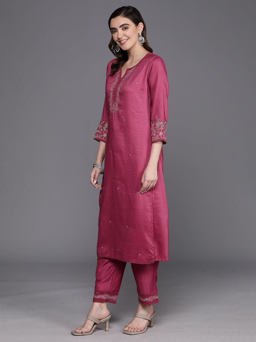Indo Era Pink Embroidered Straight Kurta Trousers With Dupatta Set