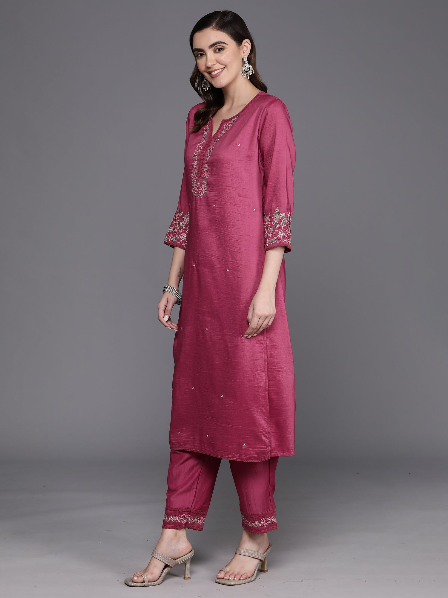 Indo Era Pink Embroidered Straight Kurta Trousers With Dupatta Set