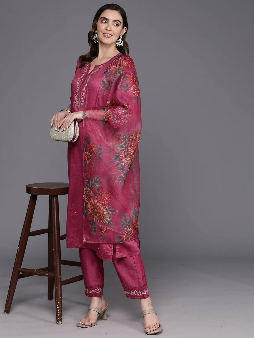 Indo Era Pink Embroidered Straight Kurta Trousers With Dupatta Set