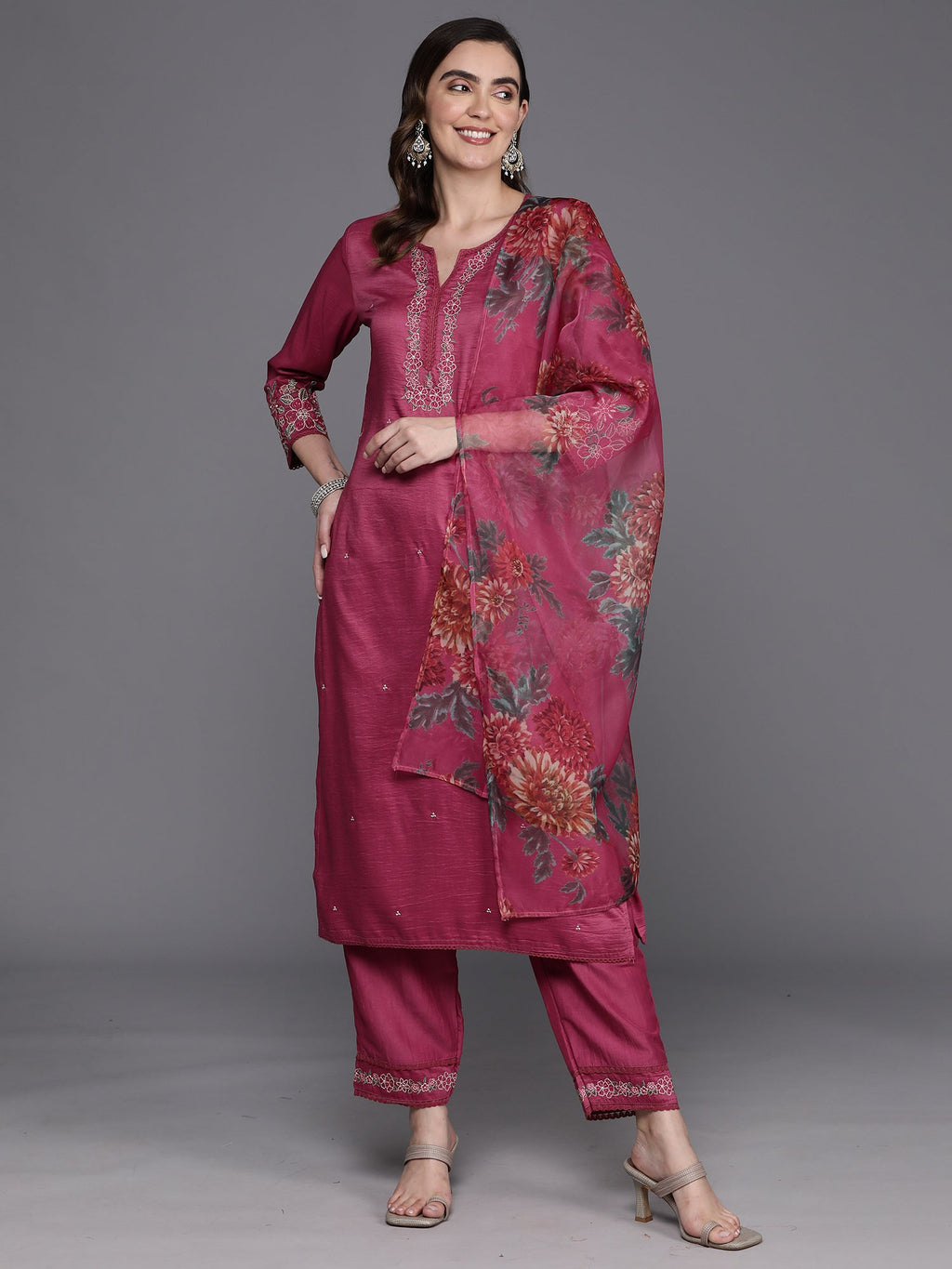 Indo Era Pink Embroidered Straight Kurta Trousers With Dupatta Set