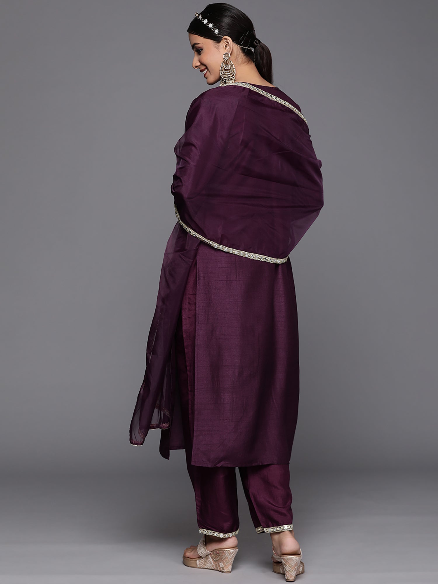 Indo Era Purple Solid Straight Kurta Trouser With Dupatta Set