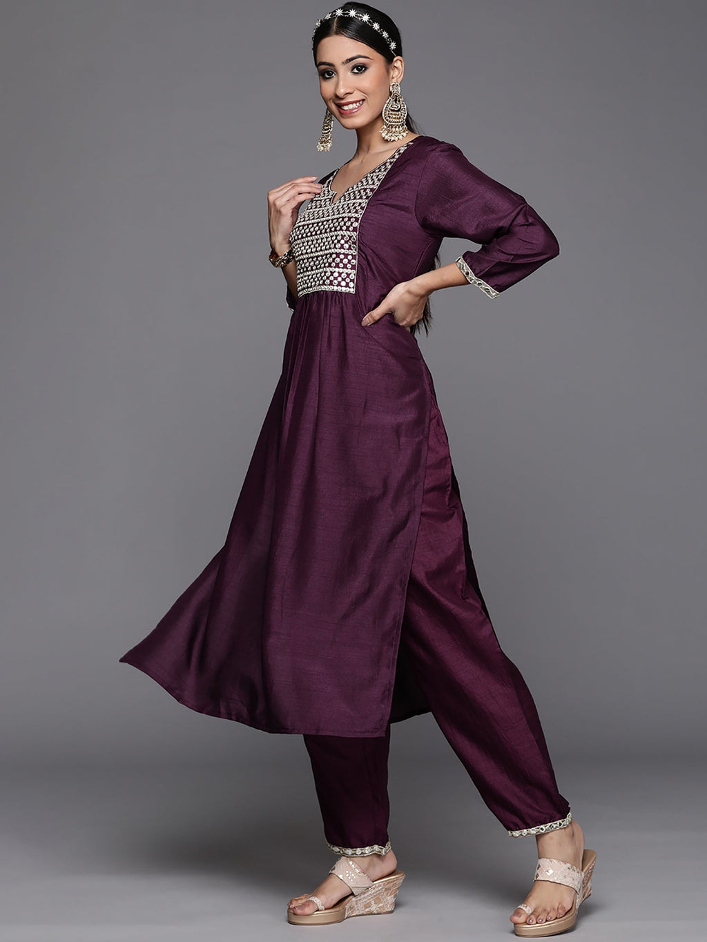 Indo Era Purple Solid Straight Kurta Trouser With Dupatta Set