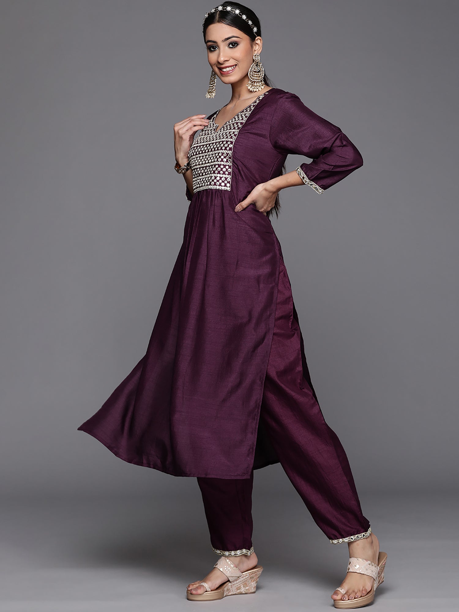 Indo Era Purple Solid Straight Kurta Trouser With Dupatta Set