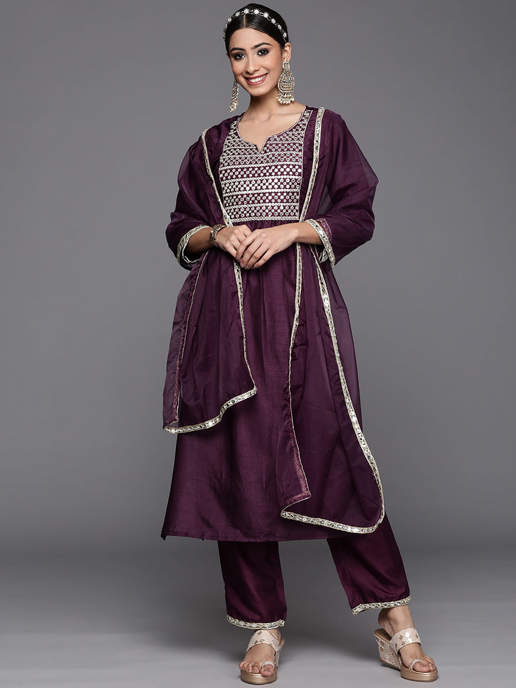 Indo Era Purple Solid Straight Kurta Trouser With Dupatta Set