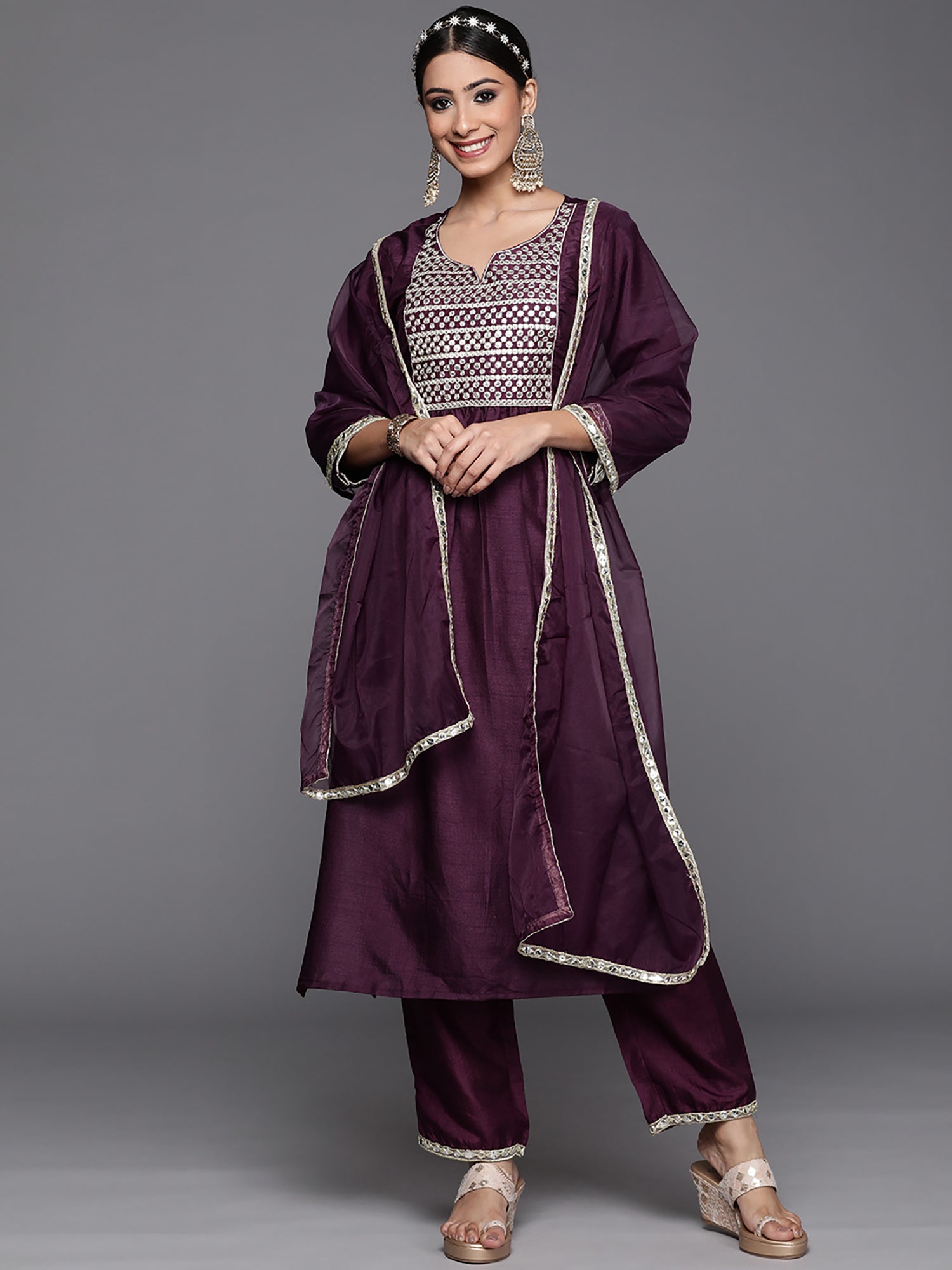 Indo Era Purple Solid Straight Kurta Trouser With Dupatta Set