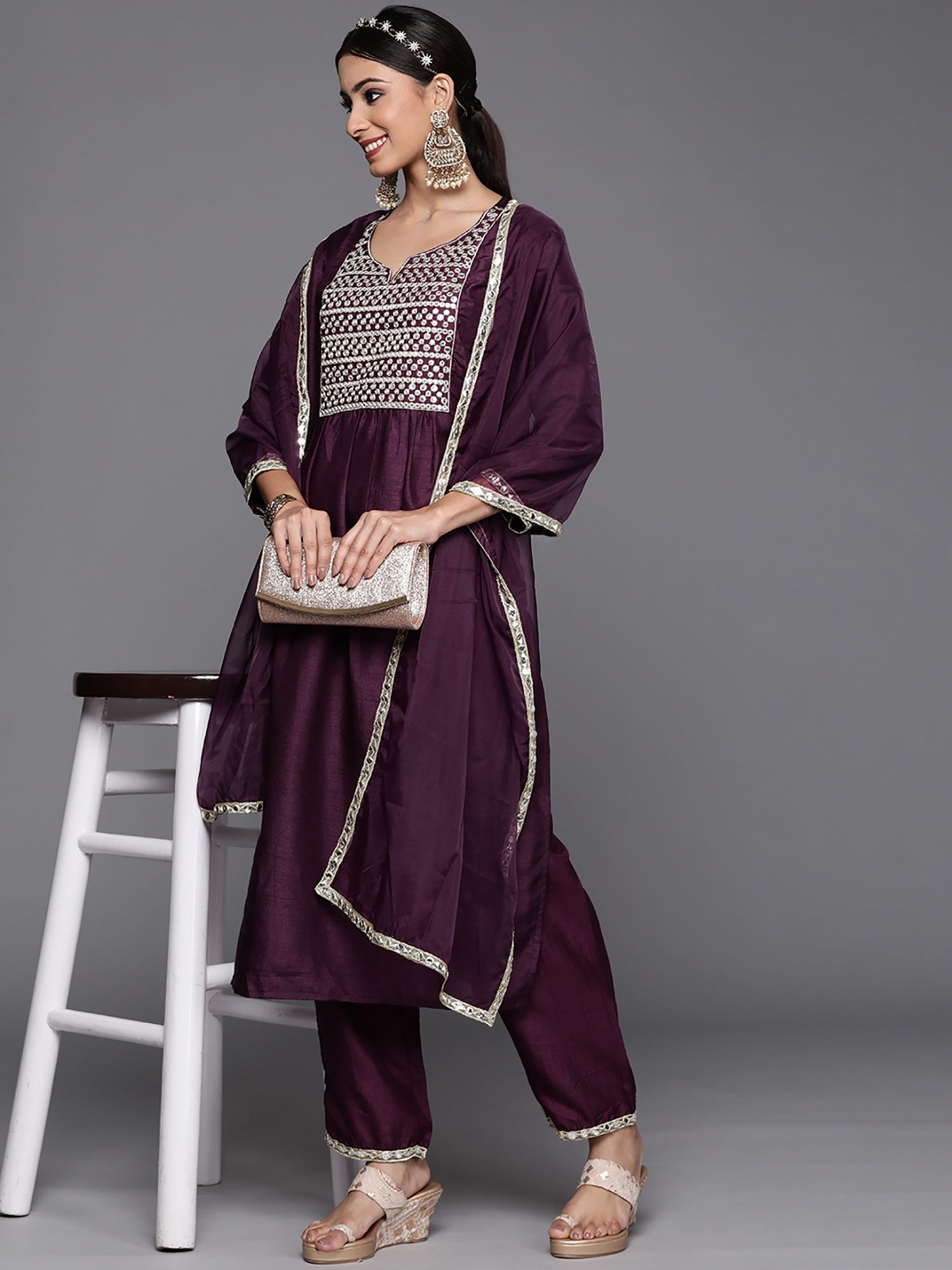 Indo Era Purple Solid Straight Kurta Trouser With Dupatta Set