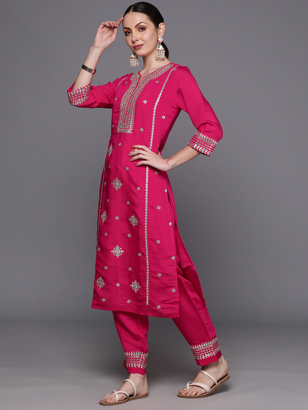 Indo Era Pink Embroidered Straight Kurta Trousers With Dupatta Set