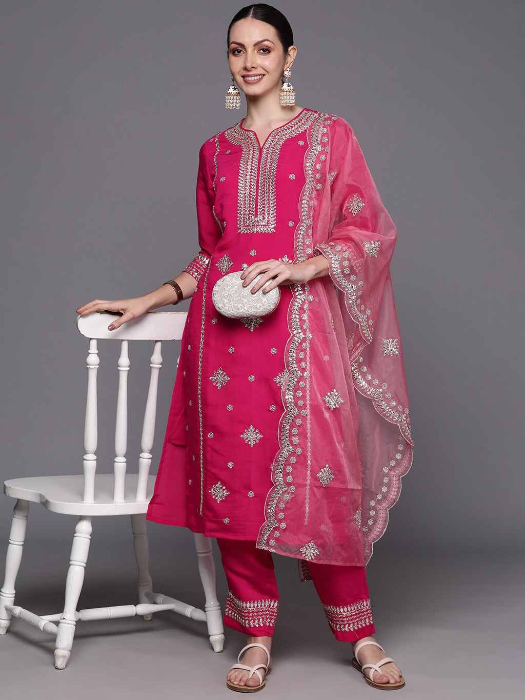 Indo Era Pink Embroidered Straight Kurta Trousers With Dupatta Set