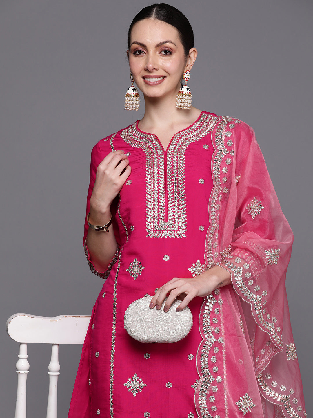 Indo Era Pink Embroidered Straight Kurta Trousers With Dupatta Set