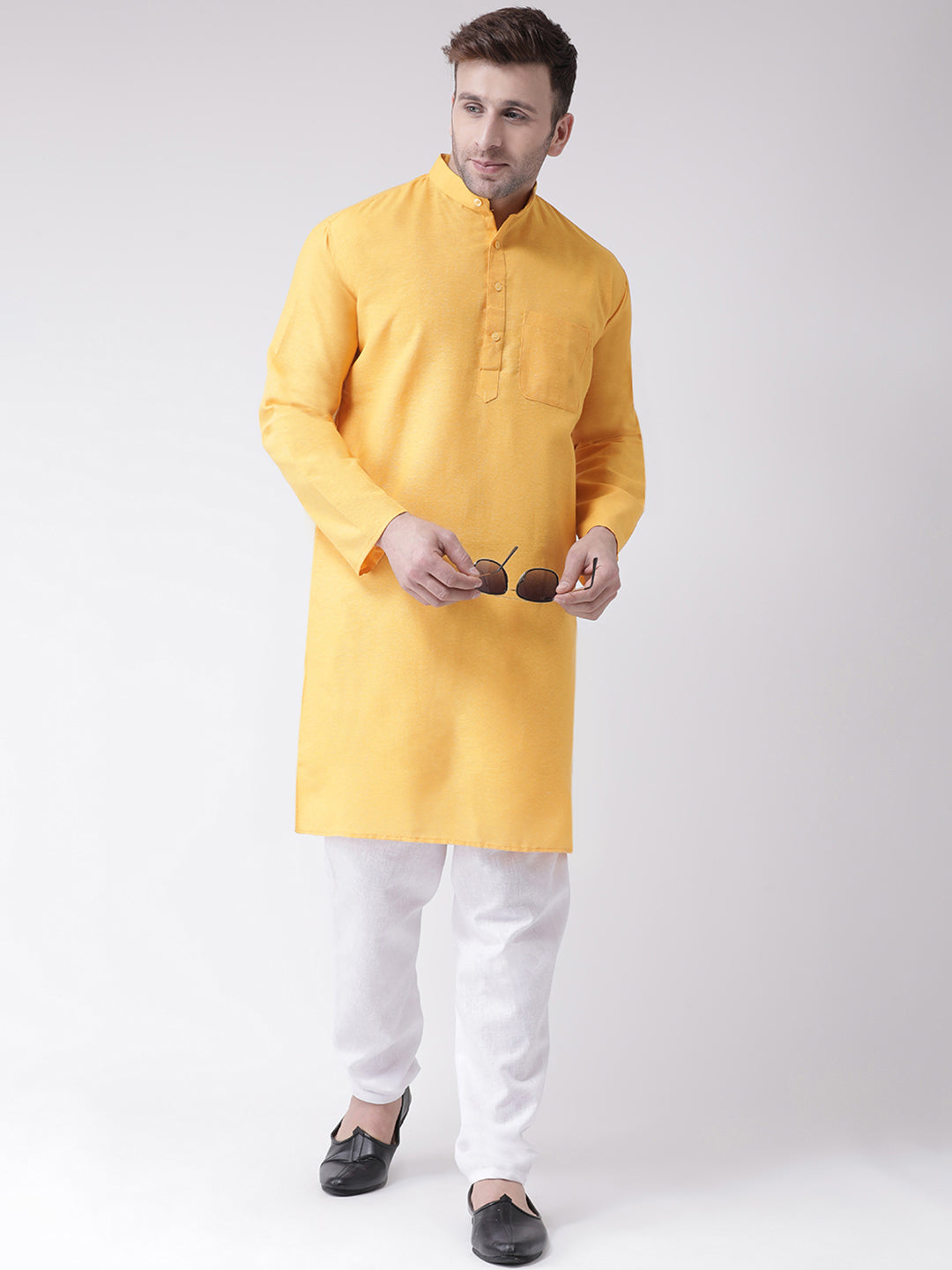 RIAG Men's Yellow Cotton Long Ethnic Kurta