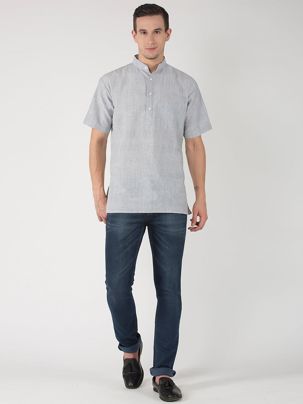 RIAG Men's Grey Cotton Short Ethnic Kurta