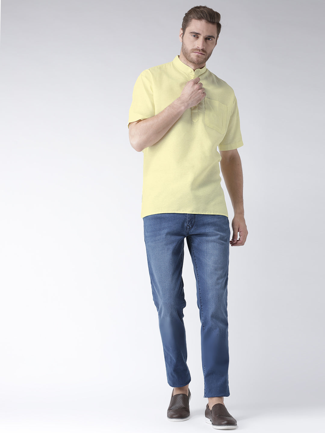 RIAG Men's Yellow Cotton Short Ethnic Kurta