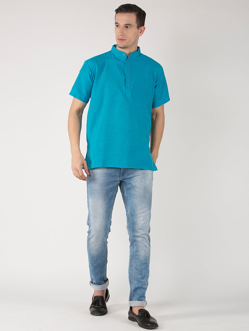RIAG Men's Blue Cotton Short Ethnic Kurta