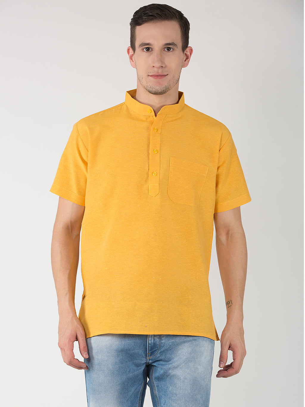 RIAG Men's Yellow Cotton Short Ethnic Kurta