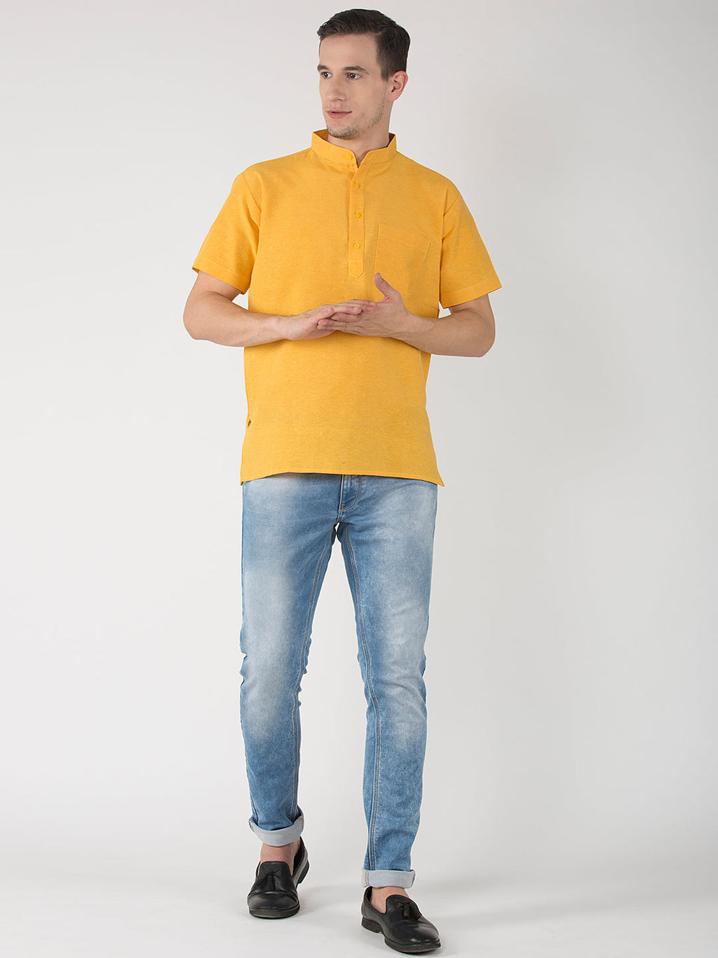 RIAG Men's Yellow Cotton Short Ethnic Kurta