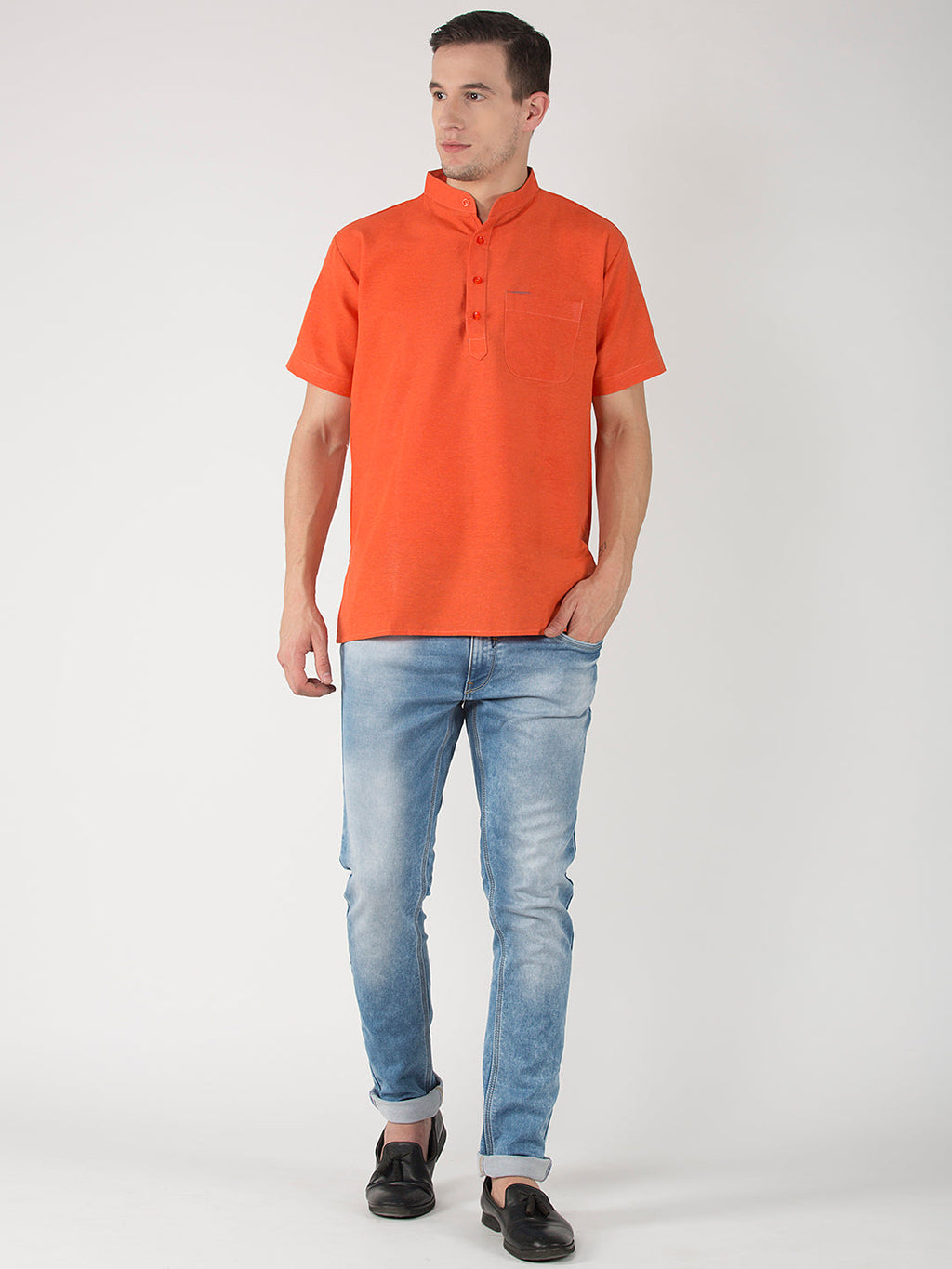 RIAG Men's Orange Cotton Short Ethnic Kurta