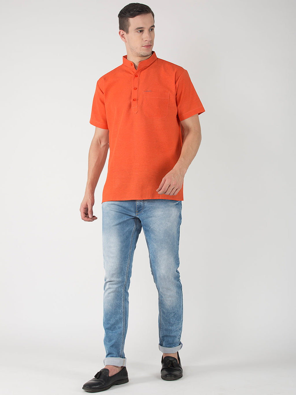 RIAG Men's Orange Cotton Short Ethnic Kurta
