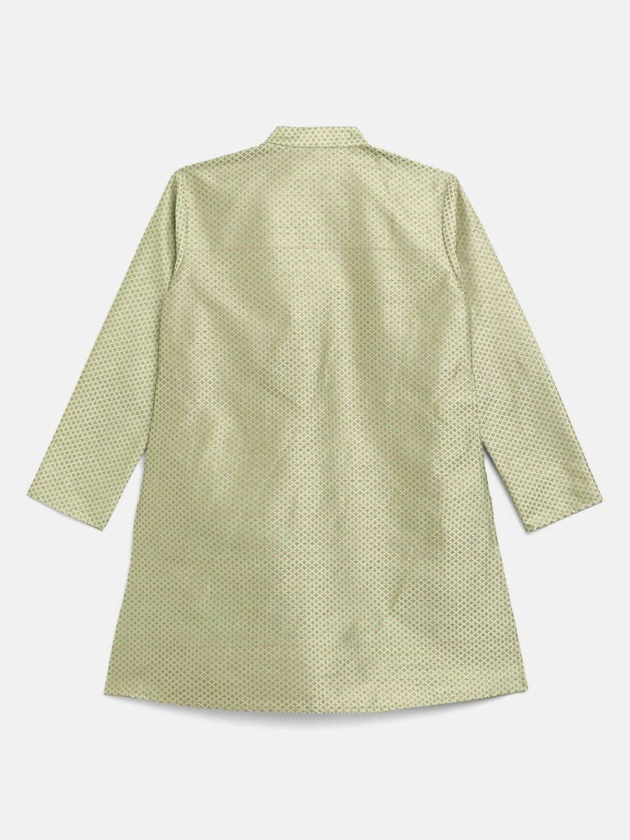 Ahalyaa Green Poly Silk Gold Print Kids Kurta Churidar Set For Boys