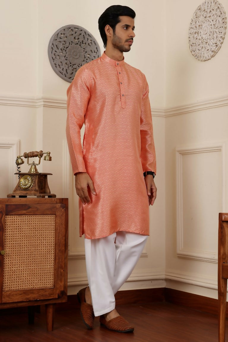 Orange Viscose Woven Jacquard Work Men's Rajwadi Kurta Set - Mahotsav