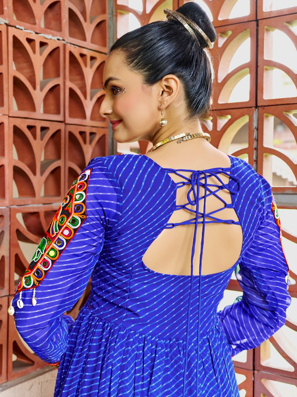 Prazu Fashion Blue Georgette Bandhani Print Work With Kutchi Patch-Work Navaratri Gown