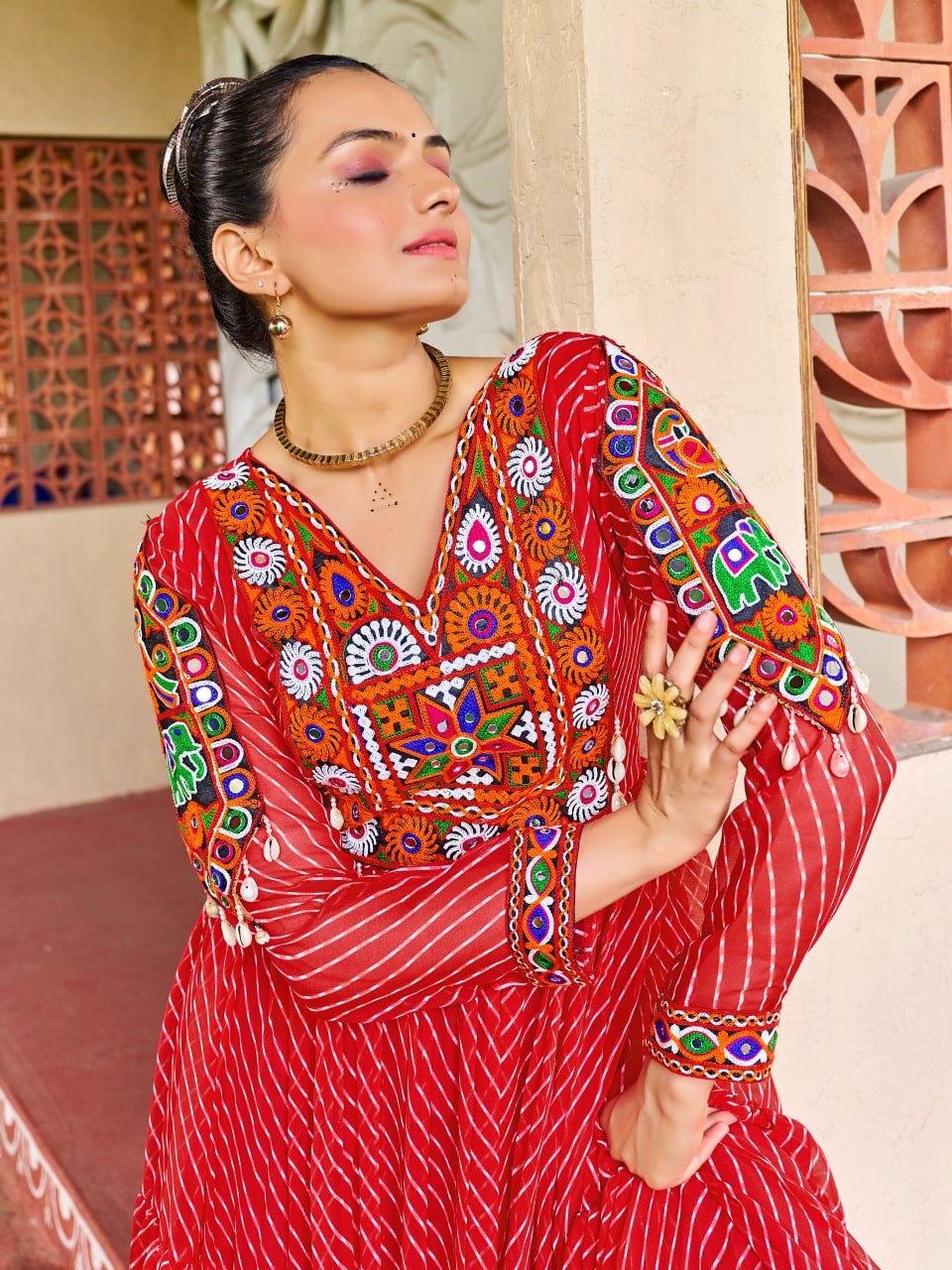 Prazu Fashion Red Georgette Bandhani Print Work With Kutchi Patch-Work Navaratri Gown