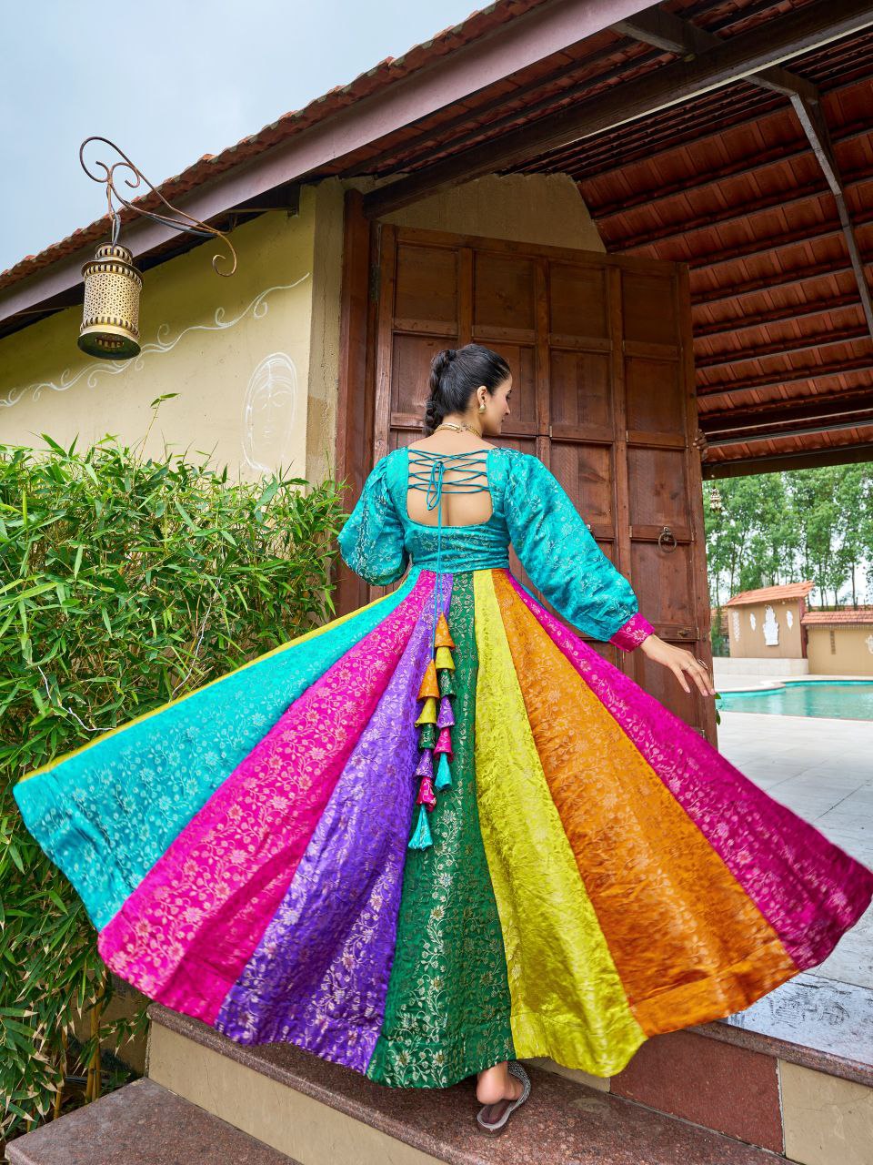 Prazu Fashion Multi Color Gold-Toned Viscose Weaving Navaratri Gown