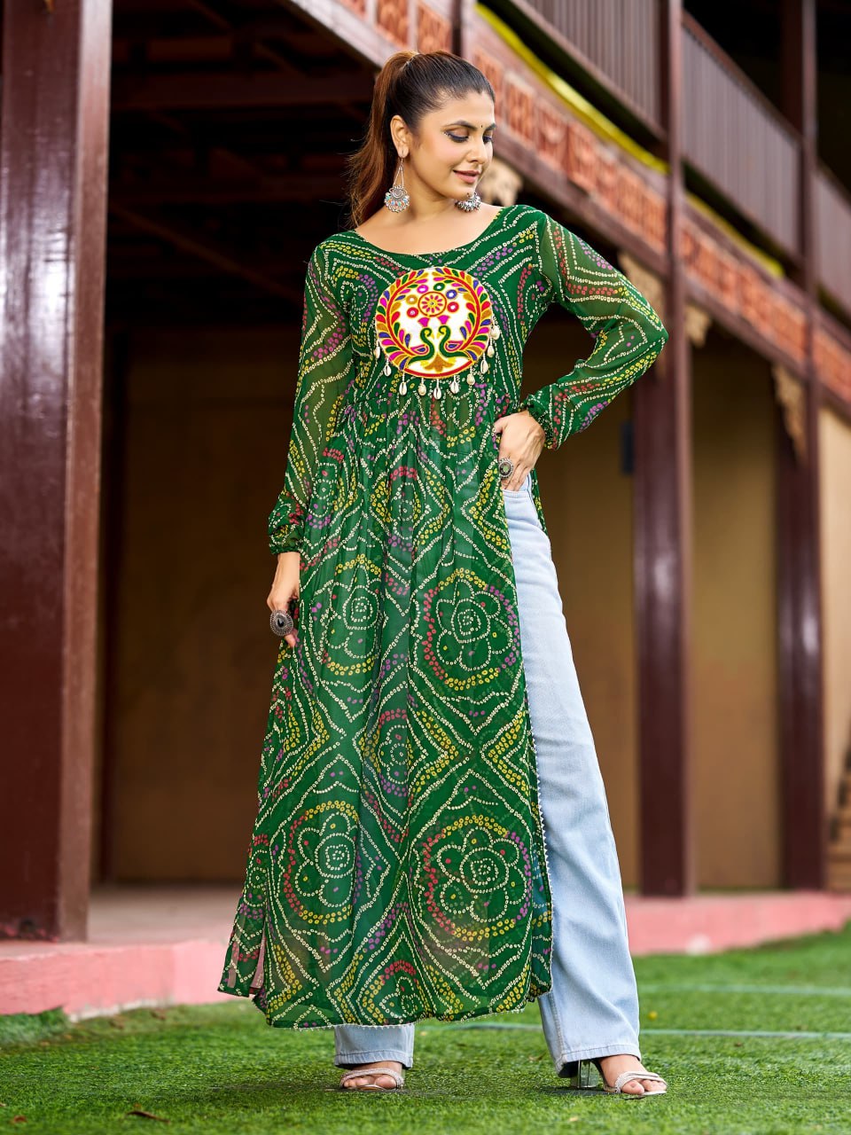 Prazu Fashion Green Georgette Bandhani Print Work With Kutchi Patch-Work Navaratri Kurti