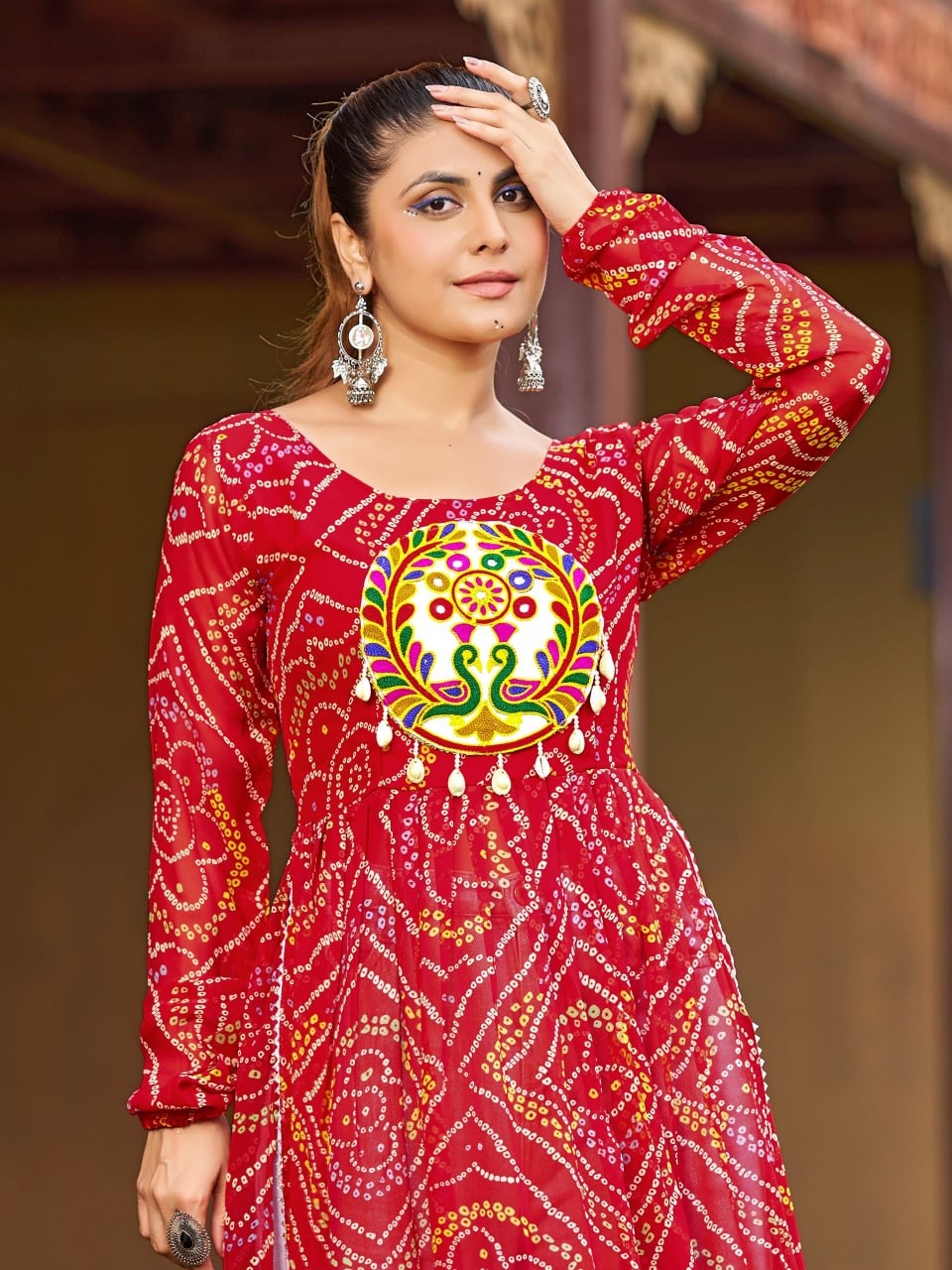 Prazu Fashion Red Georgette Bandhani Print Work With Kutchi Patch-Work Navaratri Kurti