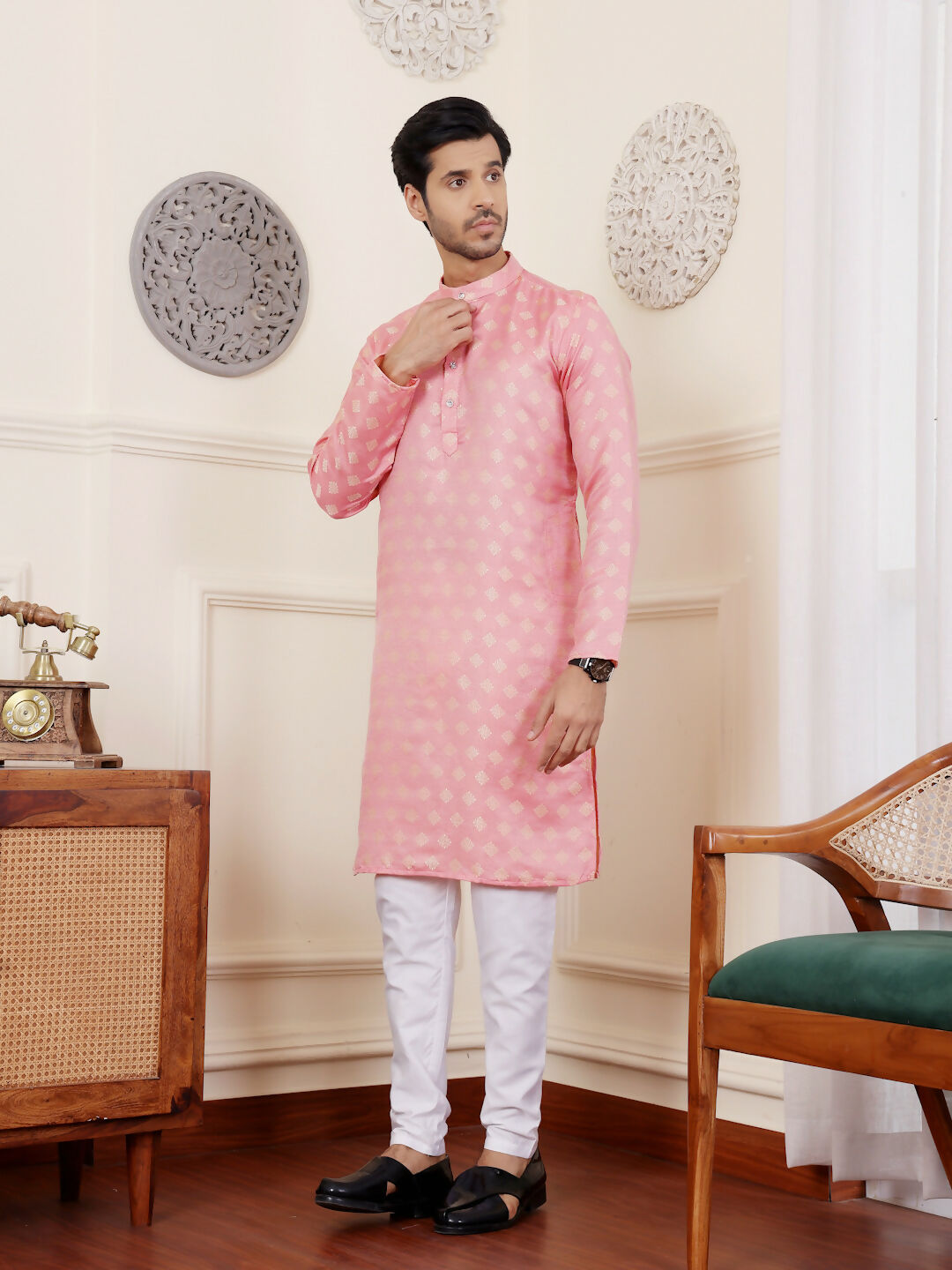 Pink Viscose Woven Jacquard Work Men's Rajwadi Kurta Set - Mahotsav