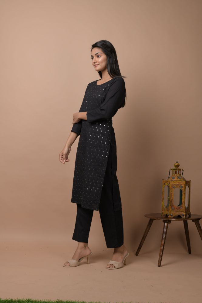 Kaajh Women's Black Solid Sequins Embellished Kurta Pant Set