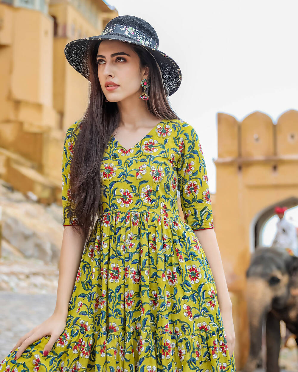 Designer Partywear Printed Yellow Pure Maslin Gown - Anbazaar