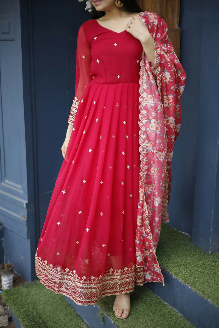 Jyoti Fashion Women's Red Faux Blooming Sequins with Zari Embroidery Anarkali Dress with Dupatta