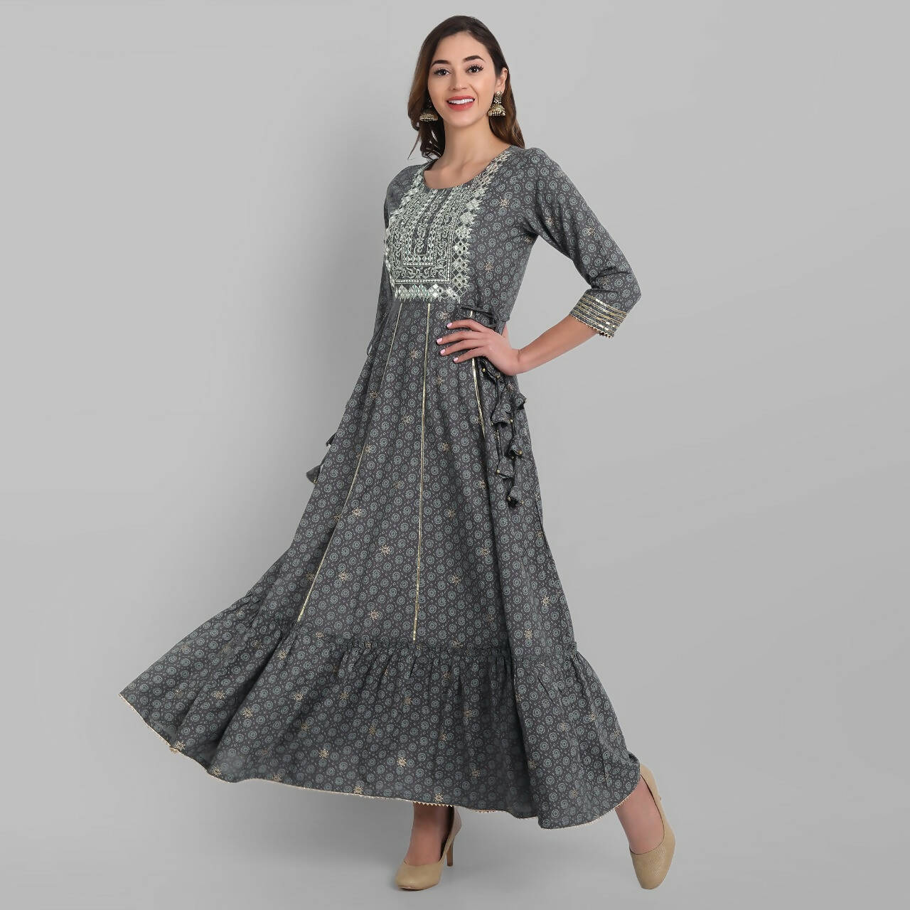 Juniper Grey Rayon Festive Wear Embroidered Tiered Long Dress