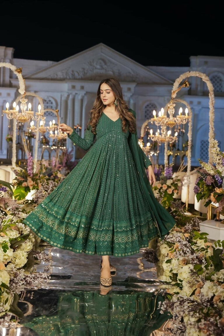 Jyoti Fashion Women's Green Faux Georgette Zari Embroidery with Sequence Anarkali Dress with Dupatta