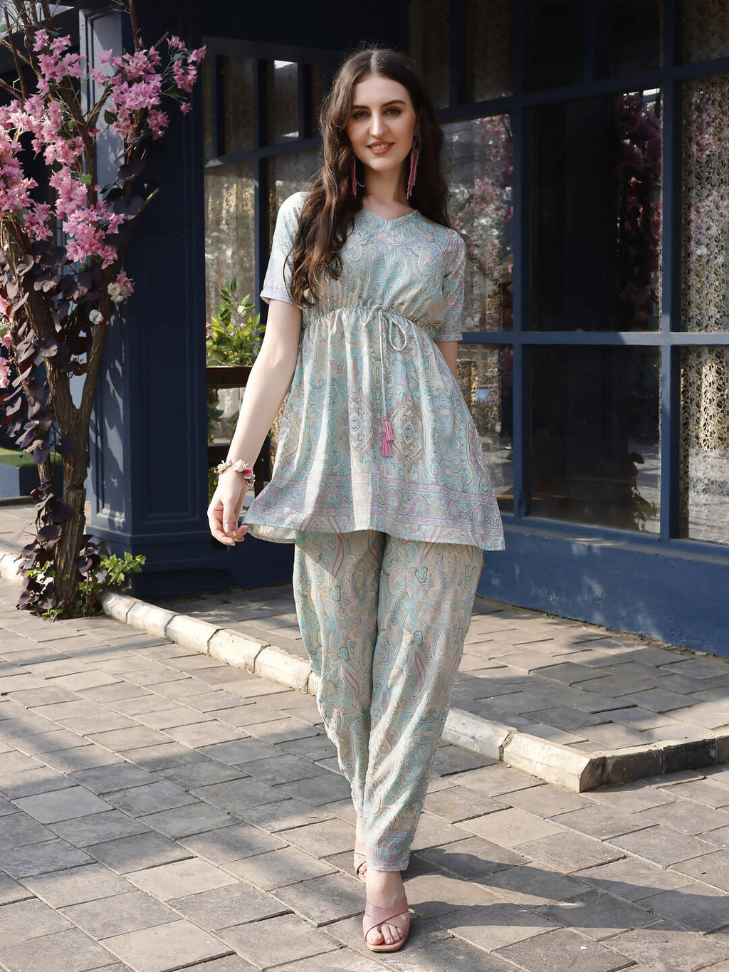 Sky Blue Rayon Paisley & Floral Printed Top with Matching Bottom - Eesha