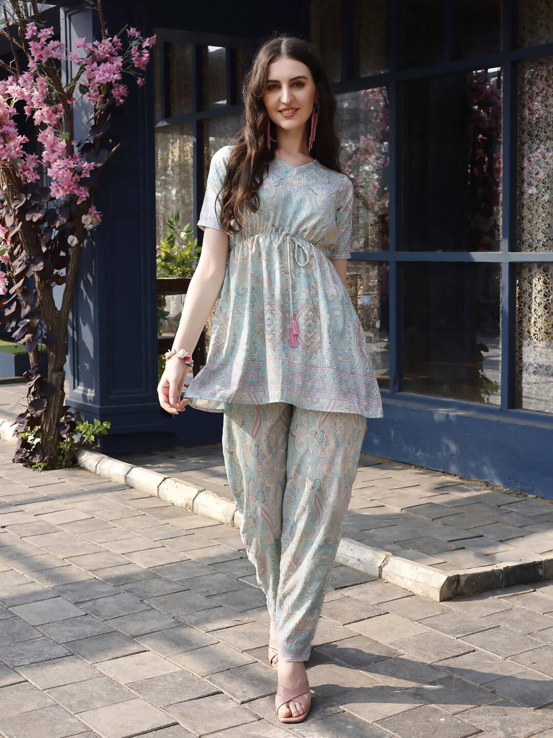 Sky Blue Rayon Paisley & Floral Printed Top with Matching Bottom - Eesha
