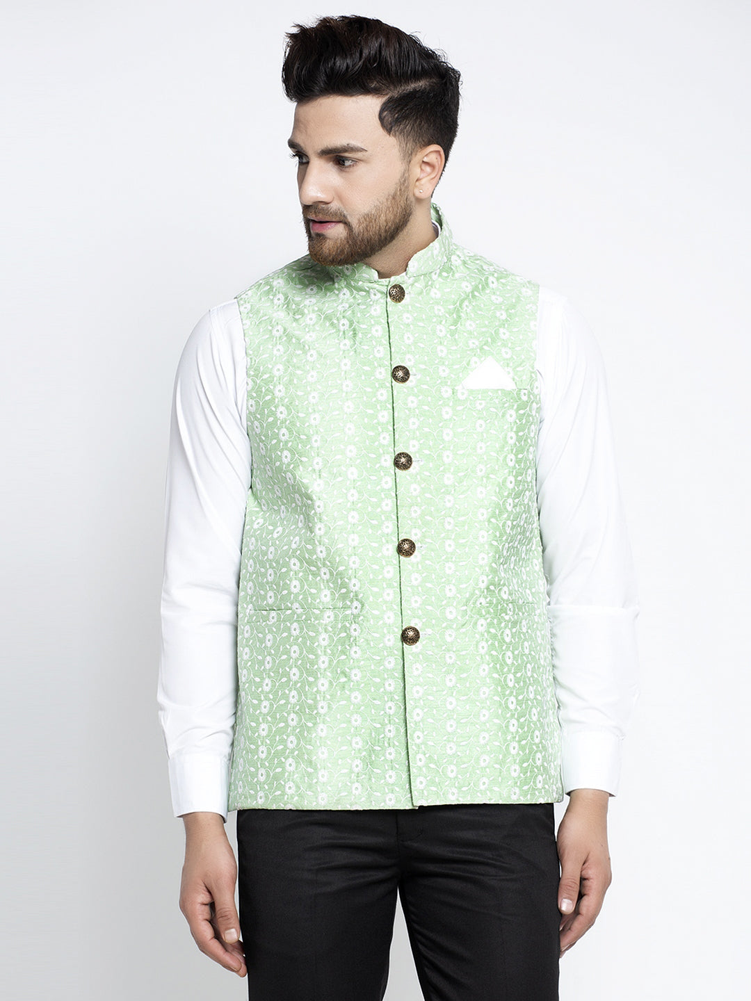 Jompers Men Green Embroidered Nehru Jacket
