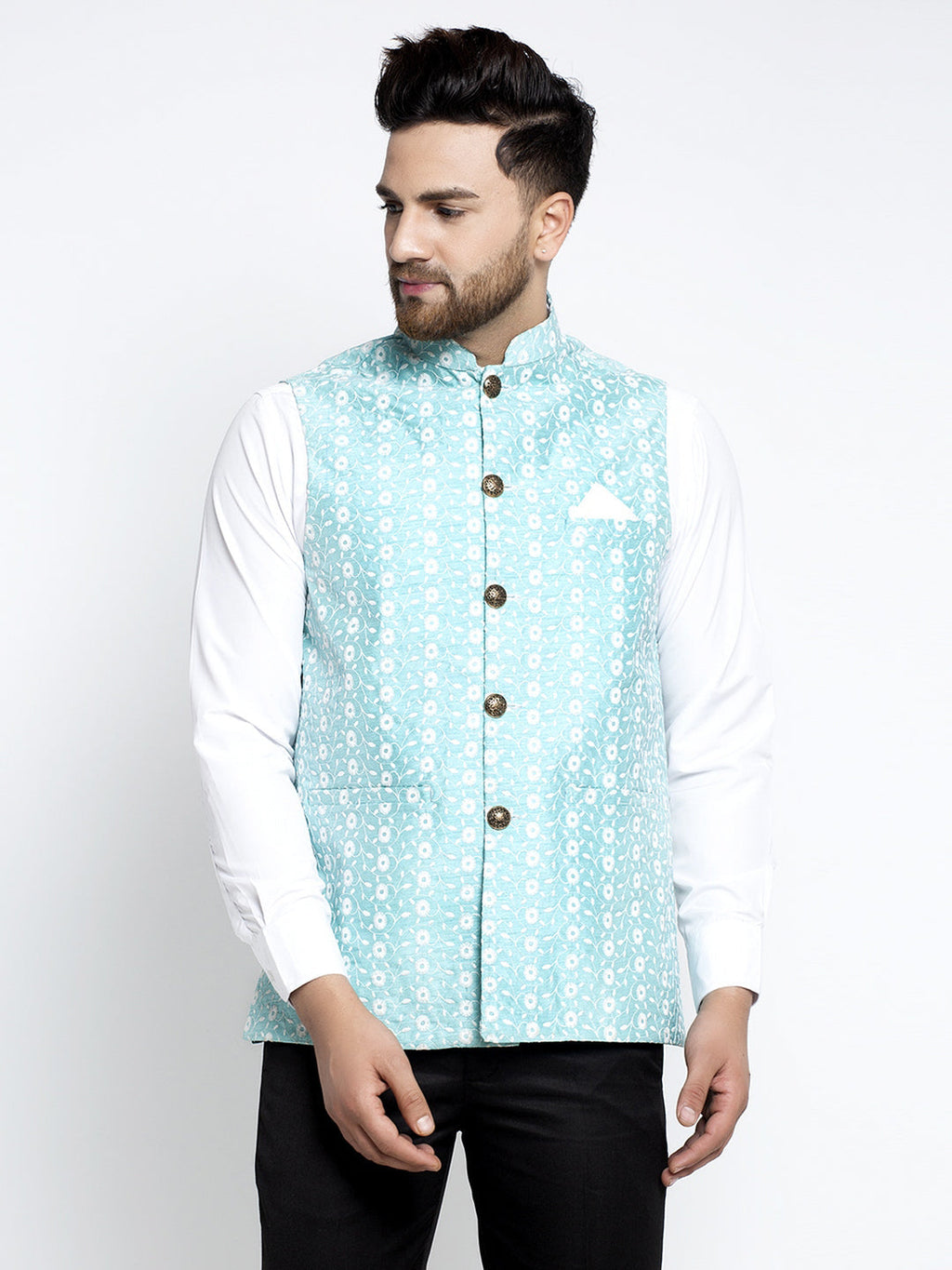 Jompers Men Beautiful Blue Embroidered Nehru Jacket