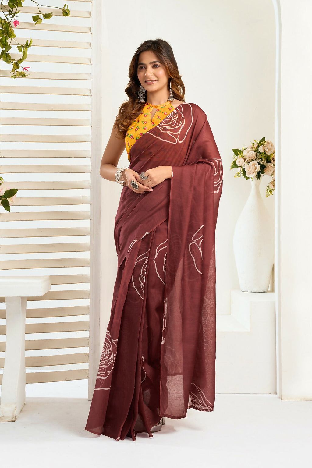 Vastranavya Dark Brown Digital Printed Linen Ready To Wear Designer Saree with Unstitched Blouse
