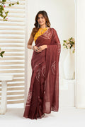 Vastranavya Dark Brown Digital Printed Linen Ready To Wear Designer Saree with Unstitched Blouse