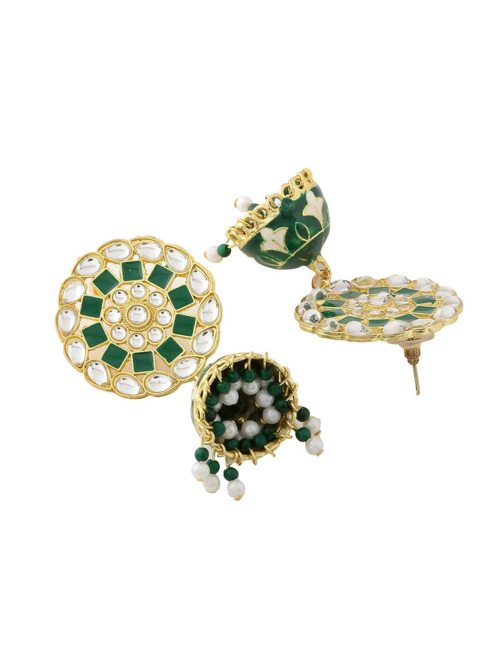 NVR Women Gold-Polished Green Dome Shaped Meenkari Jhumkas Earrings