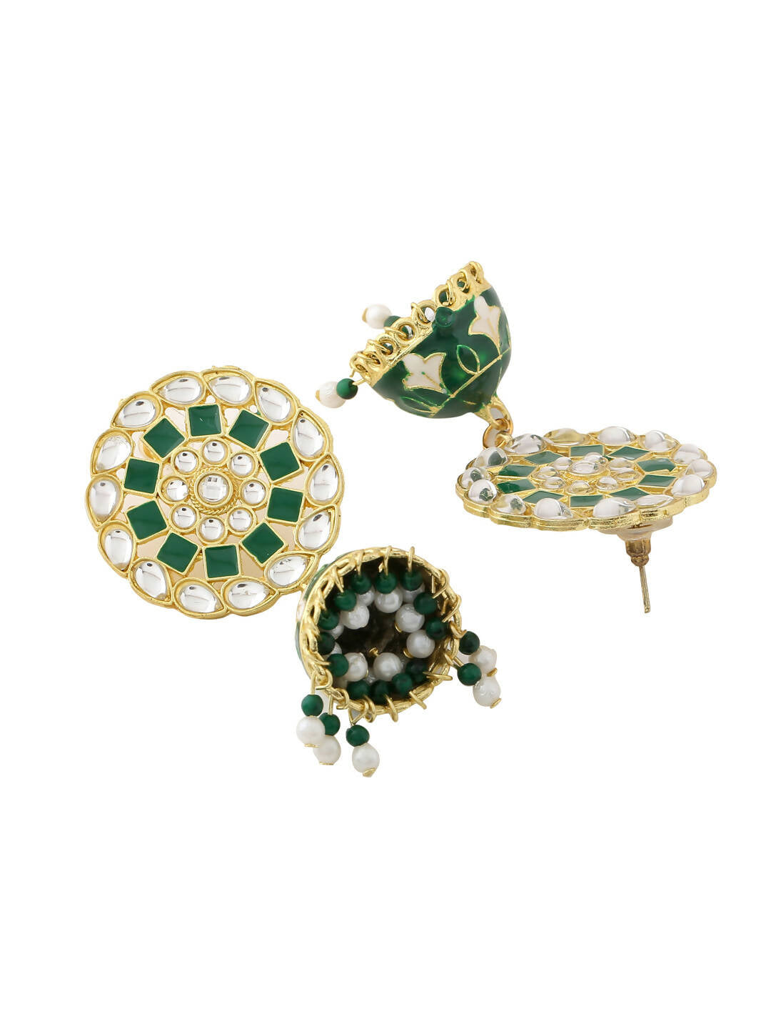 NVR Women Gold-Polished Green Dome Shaped Meenkari Jhumkas Earrings