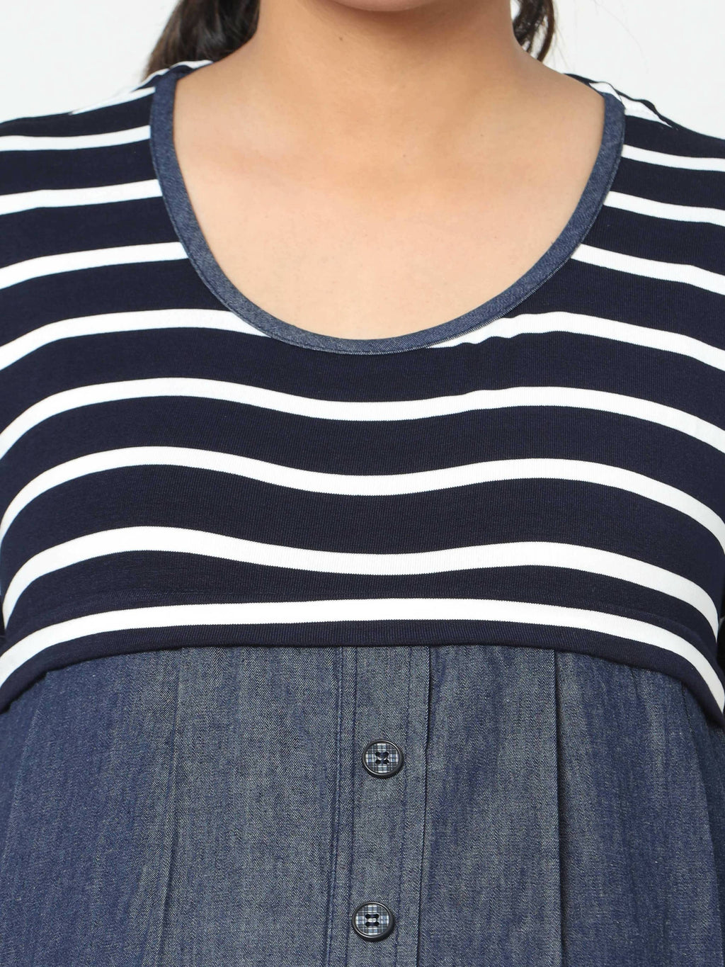 Manet Half Sleeves Maternity Dress White Striped With Concealed Zipper Nursing Access - Navy