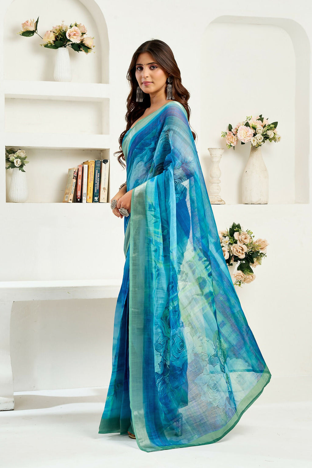 Vastranavya Aqua Blue Digital Printed Linen Ready To Wear Designer Saree with Unstitched Blouse
