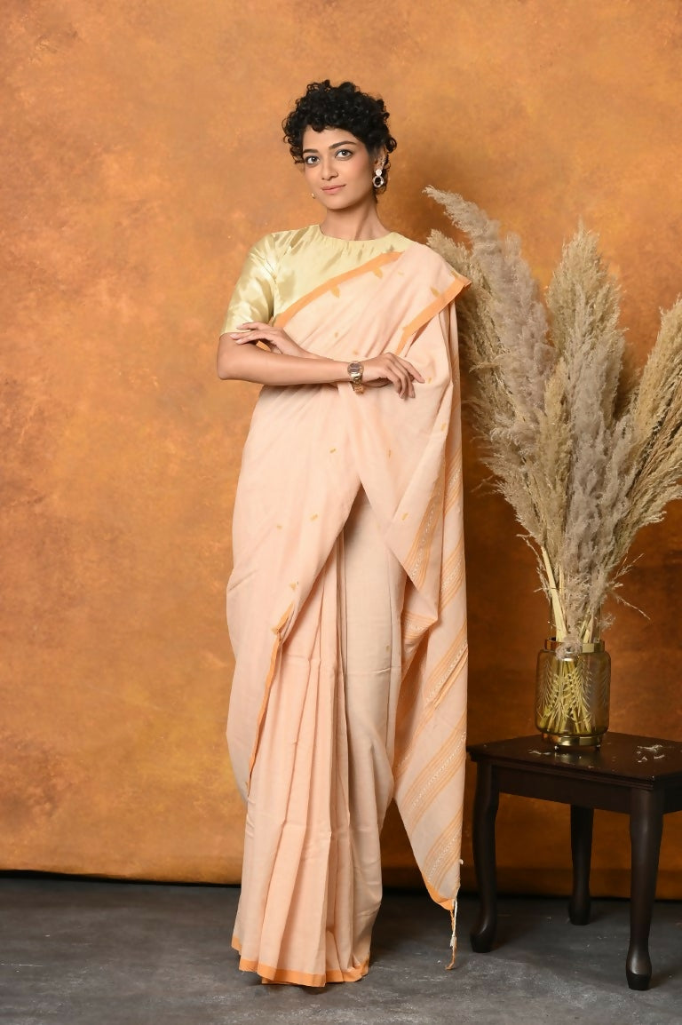 Very Much Indian Handloom Pure Cotton Saree With Sleek Border - Light Peach