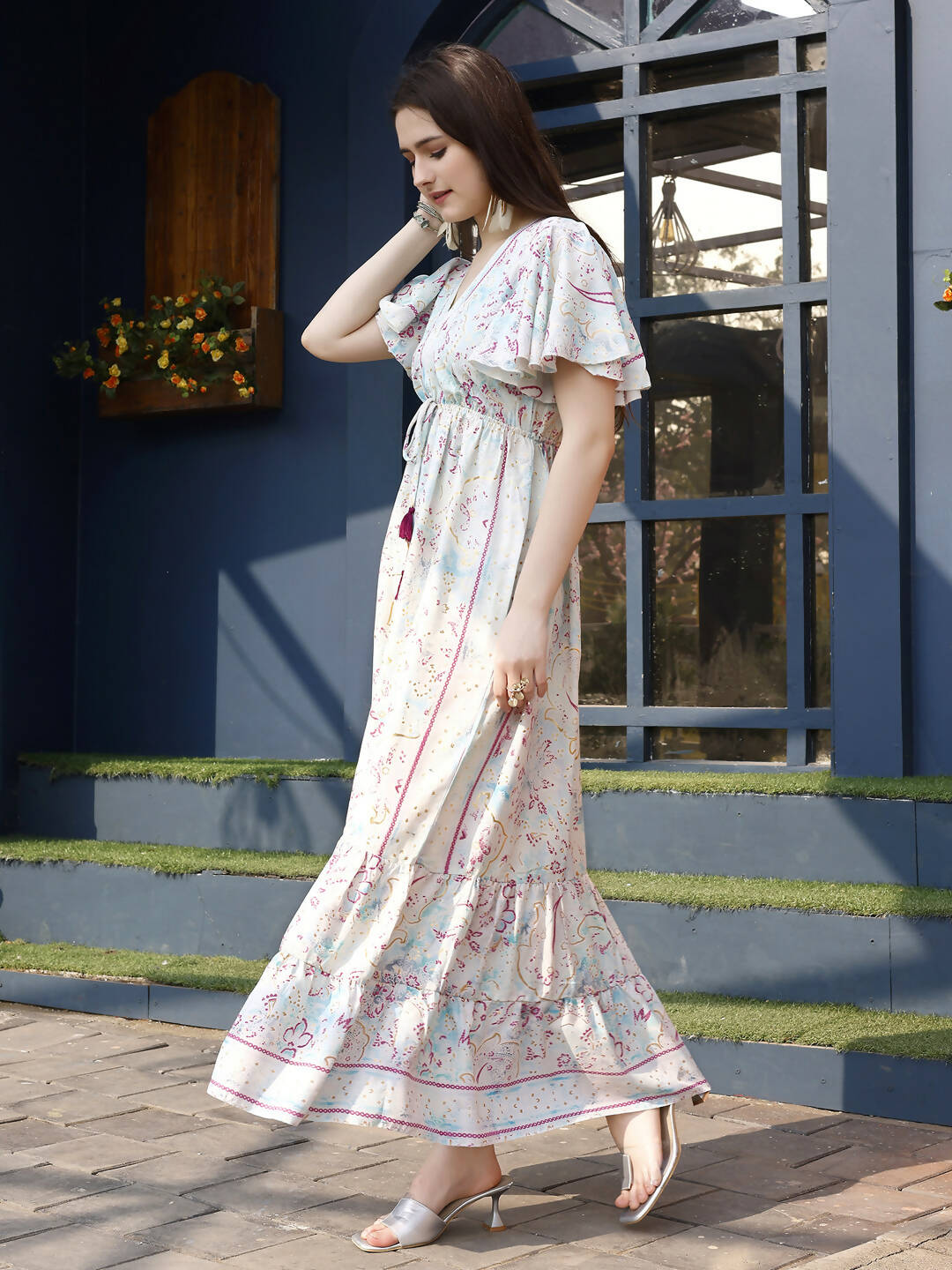 Off white Rayon Foil Printed Long Dress - Michan