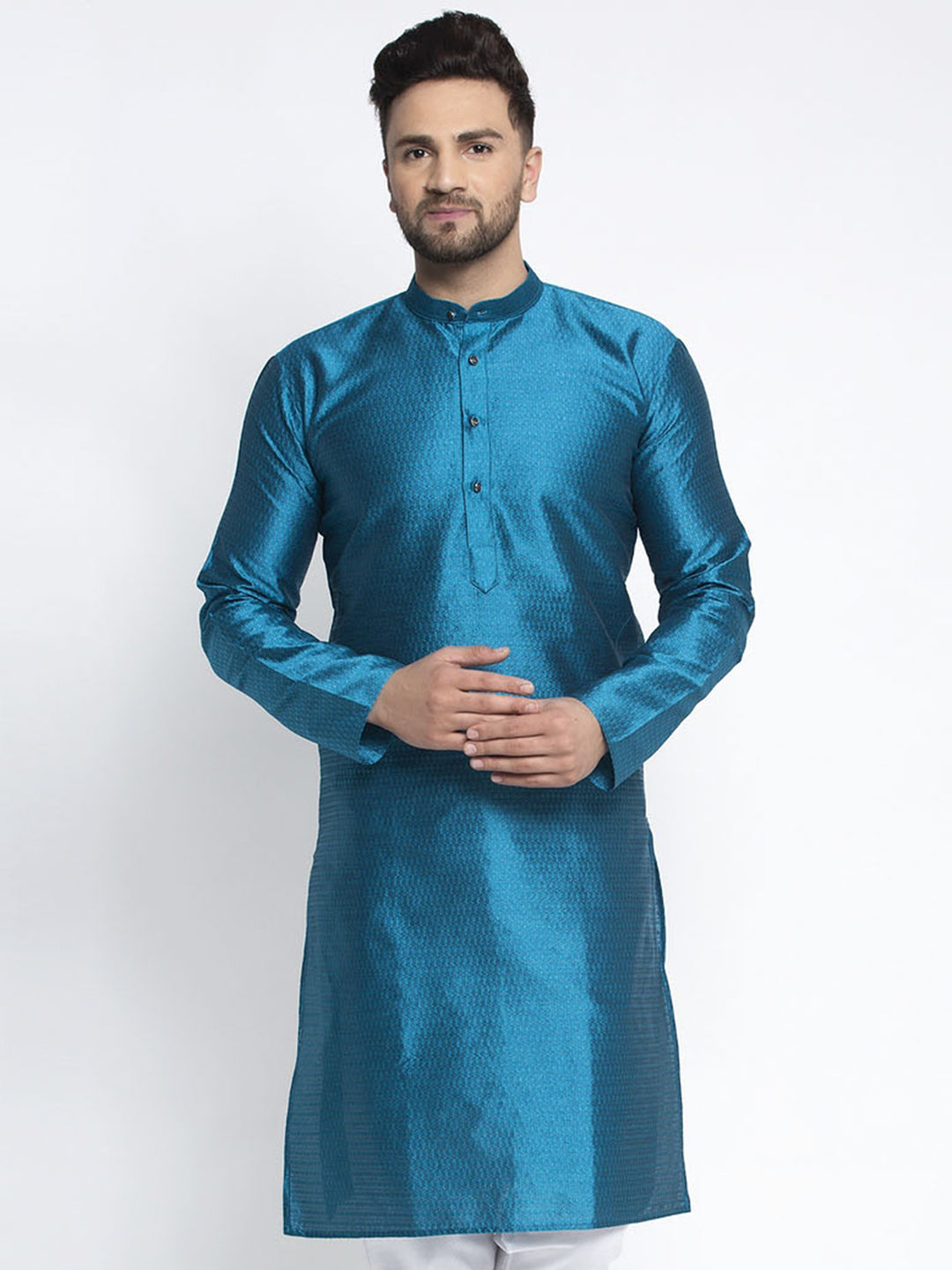 Jompers Men Blue & White Woven Design Kurta Only