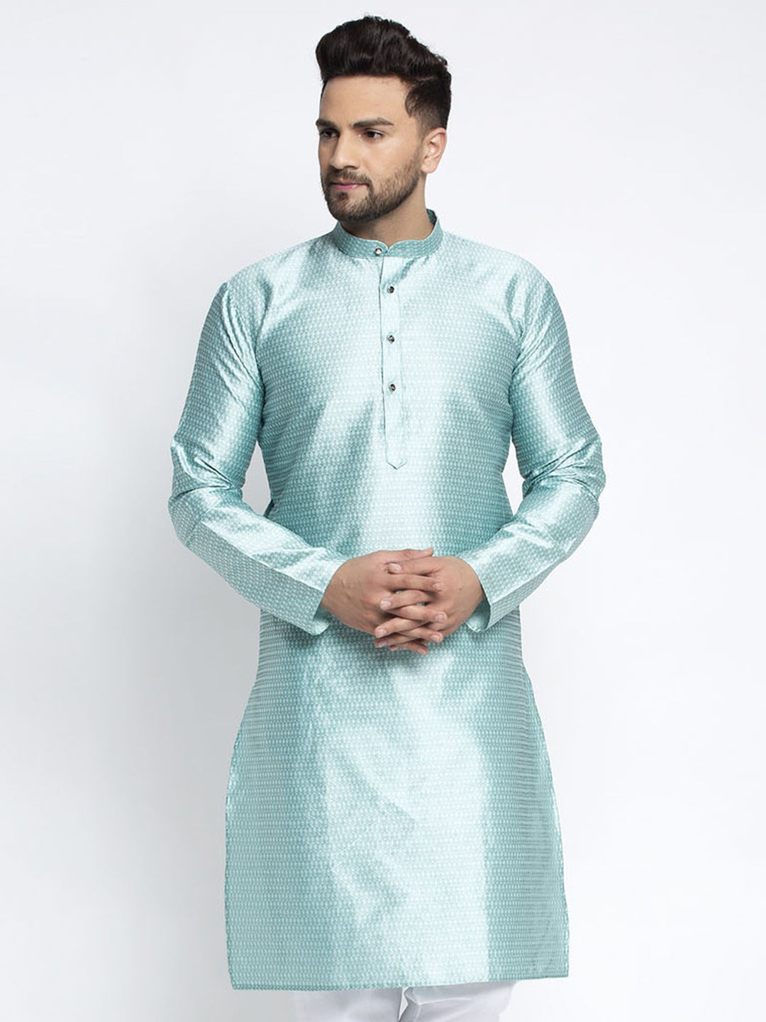 Jompers Men Sky Blue & White Woven Design Kurta Only