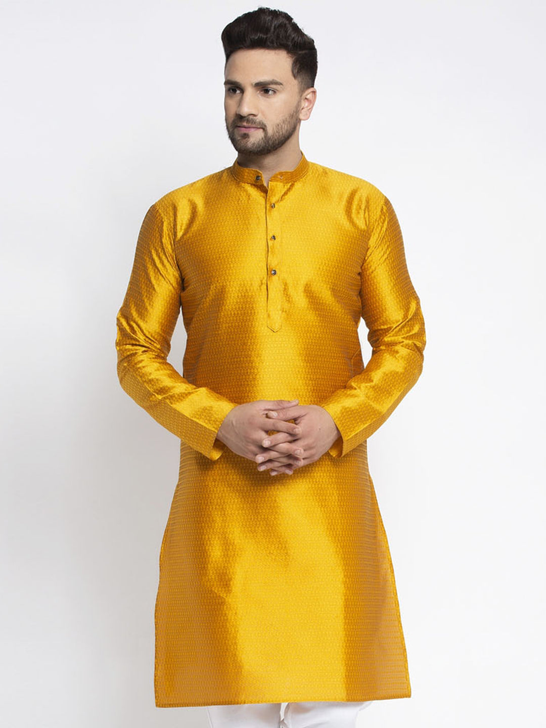 Jompers Men Yellow & White Woven Design Kurta Only