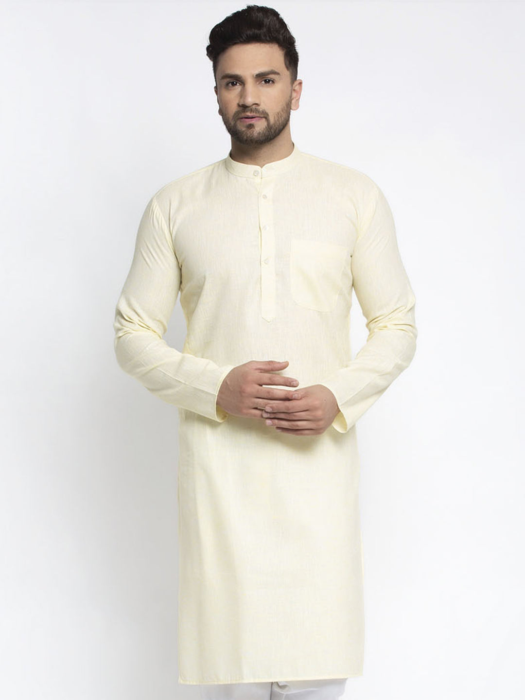 Jompers Men Lemon Yellow & White Self Design Kurta Only